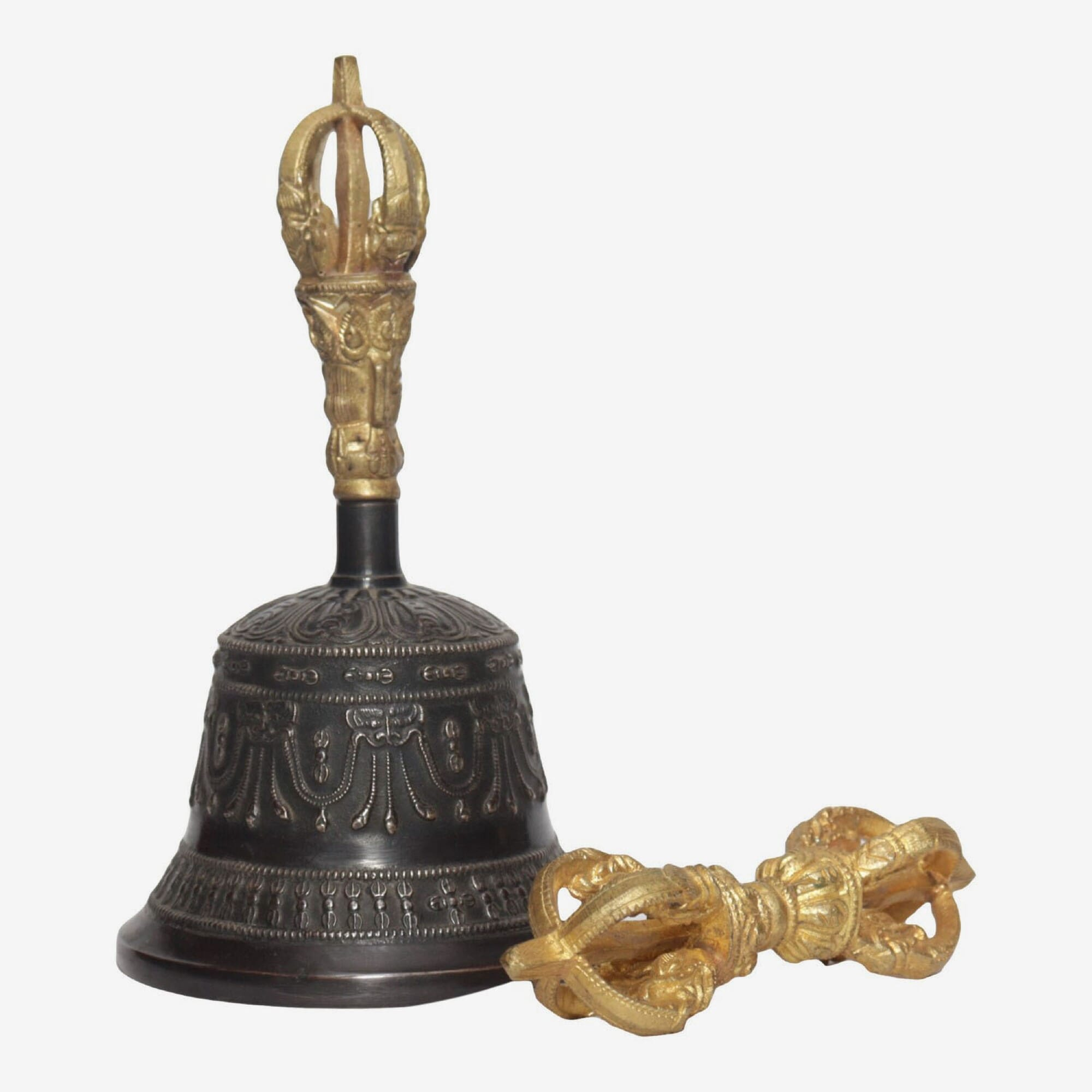 Seven Chakra Handicraft -Black Chepu Designed Tibetean Bronze Bell With Bajra Set 18 cm 450 g