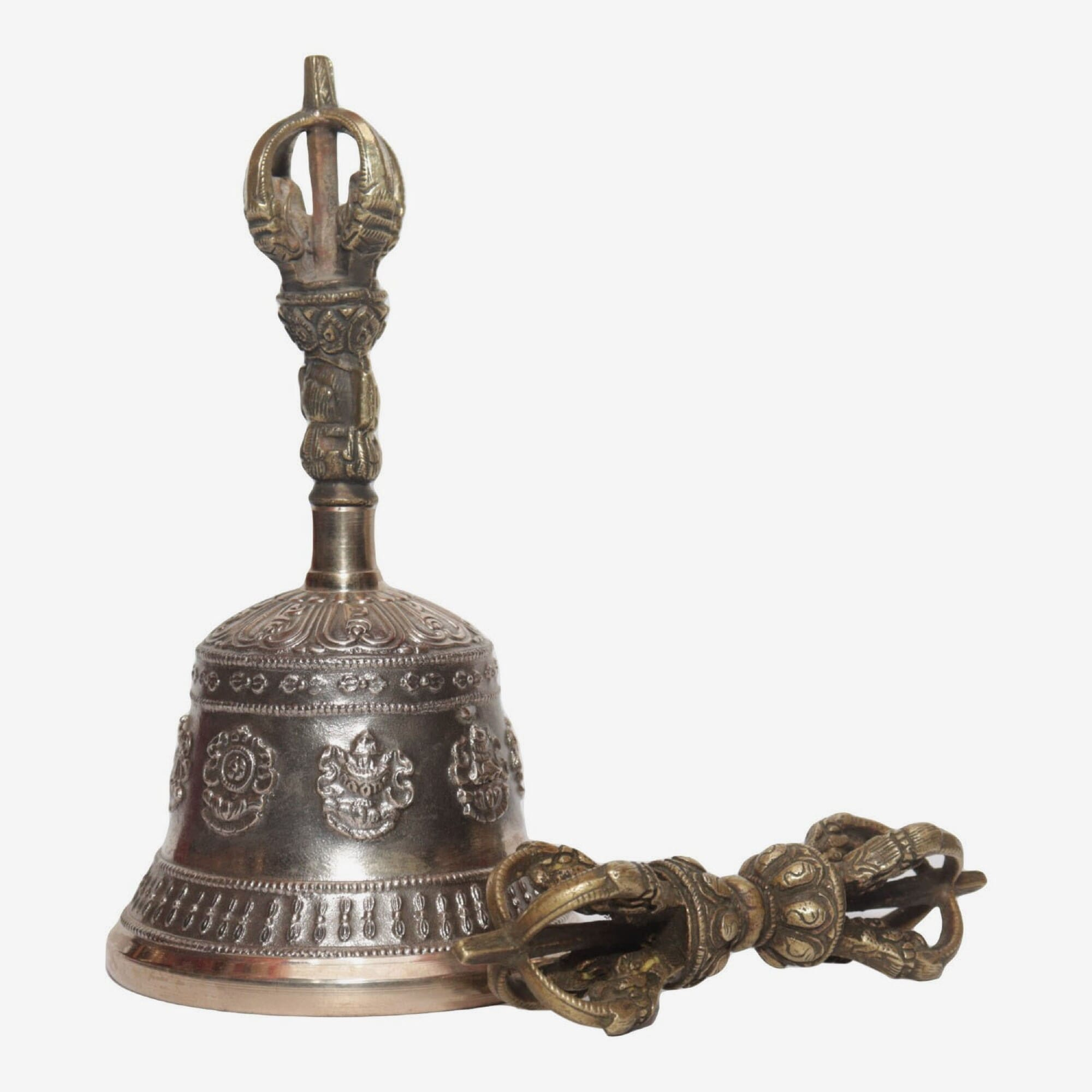 Seven Chakra Handicraft -Shining White Astamandala Designed Tibetean Bronze Bell With Bajra Set 18 cm 450 g