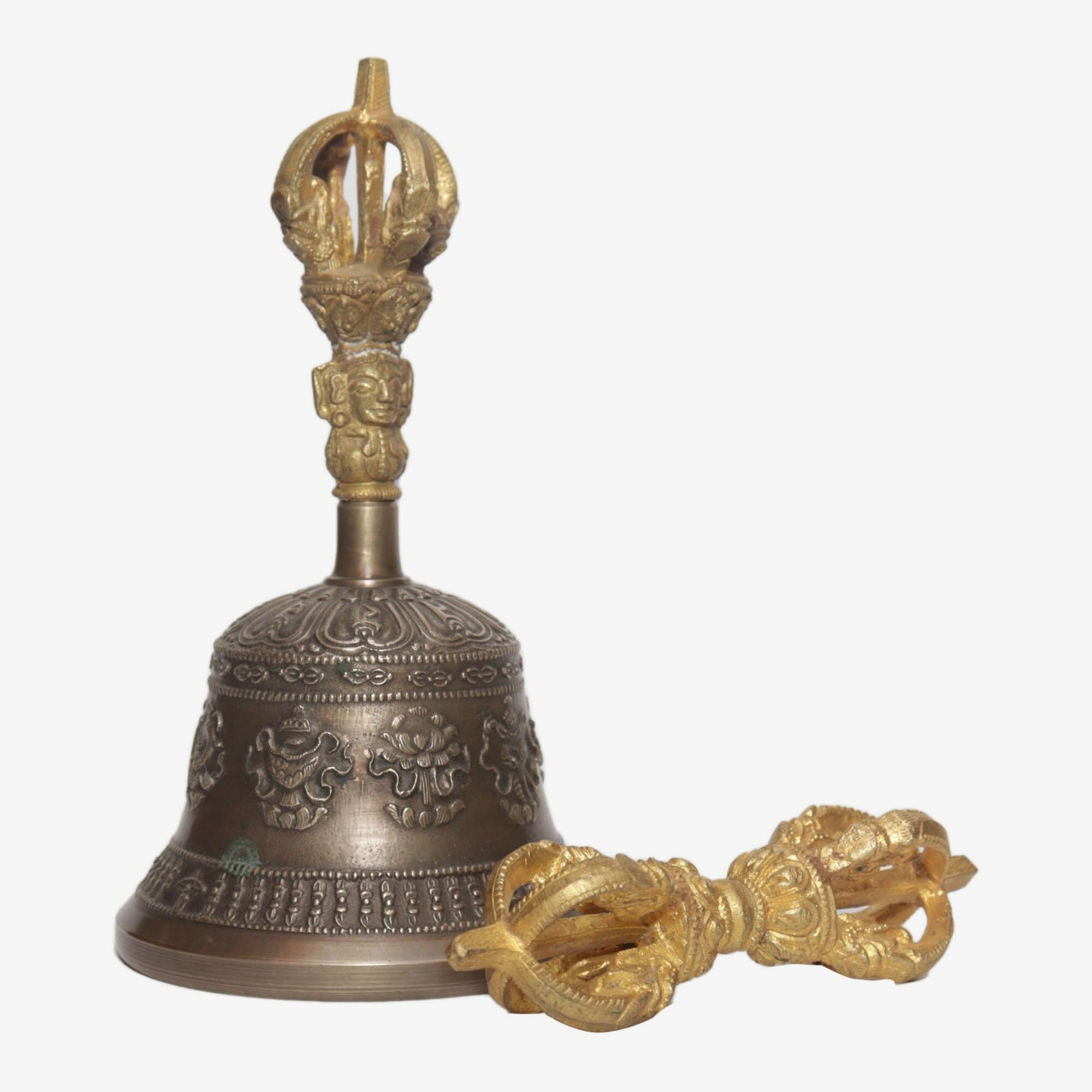 Seven Chakra Handicraft - Grey Astamandala Designed Tibetean Bronze Bell With Bajra Set 18 cm 450 g