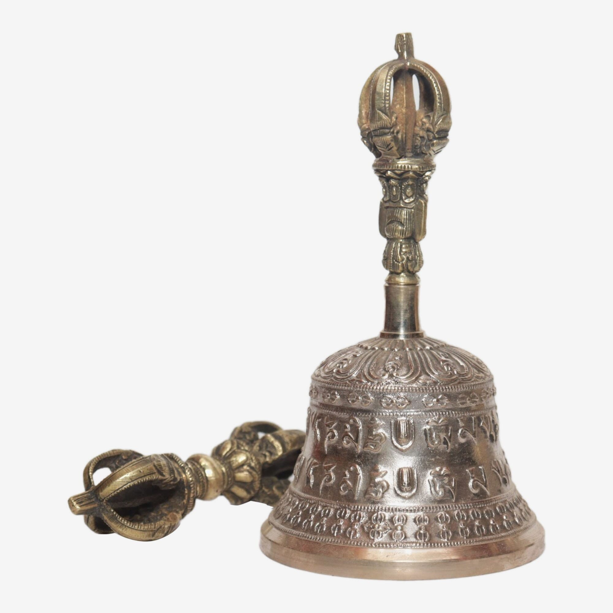 Seven Chakra Handicraft -Shining White Mantra Designed Tibetean Bronze Bell With Bajra Set 17 Cm 350 G