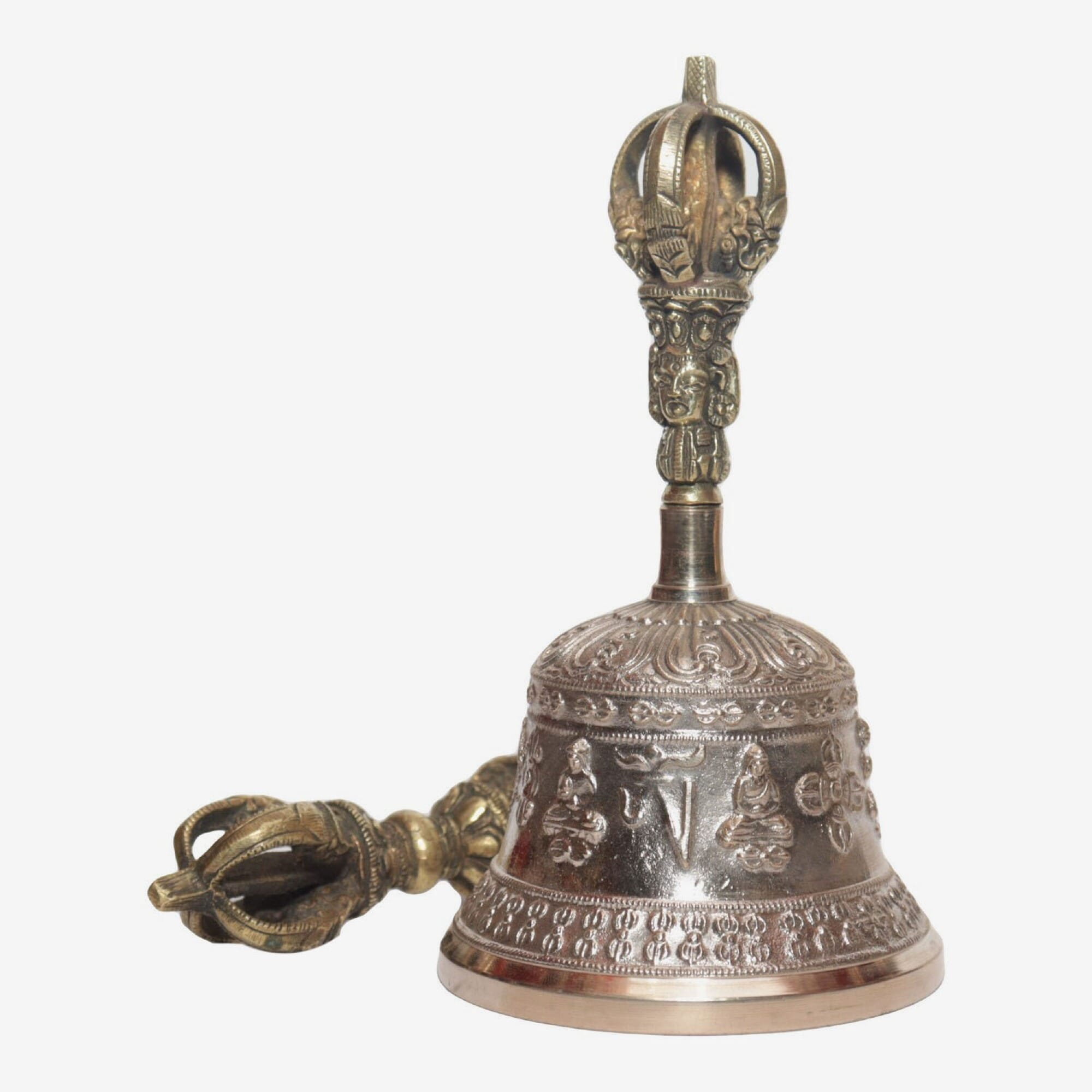 Seven Chakra Handicraft - Shining White Panchabuddha Designed Tibetean Bronze Bell With Bajra Set 17 cm 350 g
