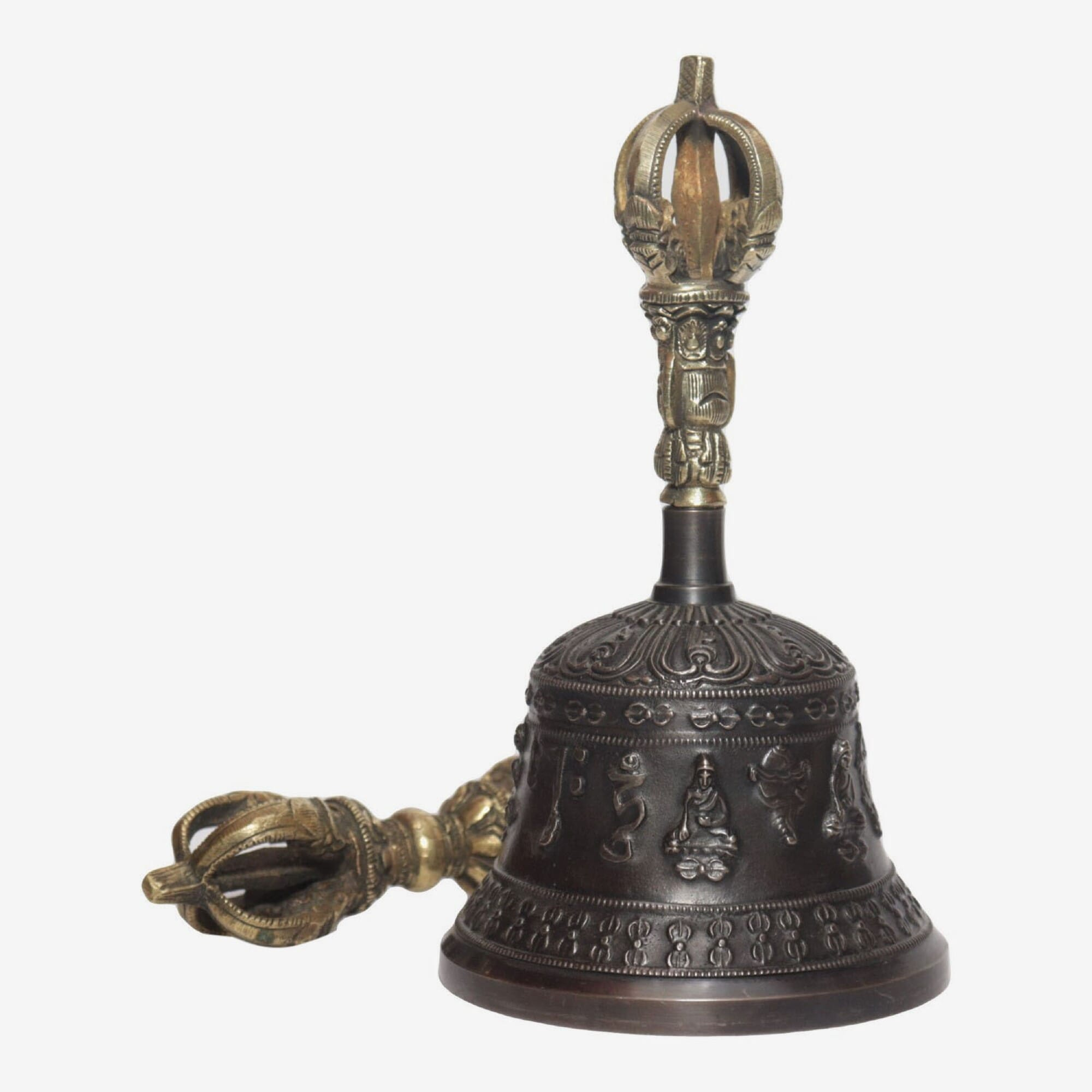 Seven Chakra Handicraft - Black Panchabuddha Designed Tibetean Bronze Bell With Bajra Set 17 cm 350 g