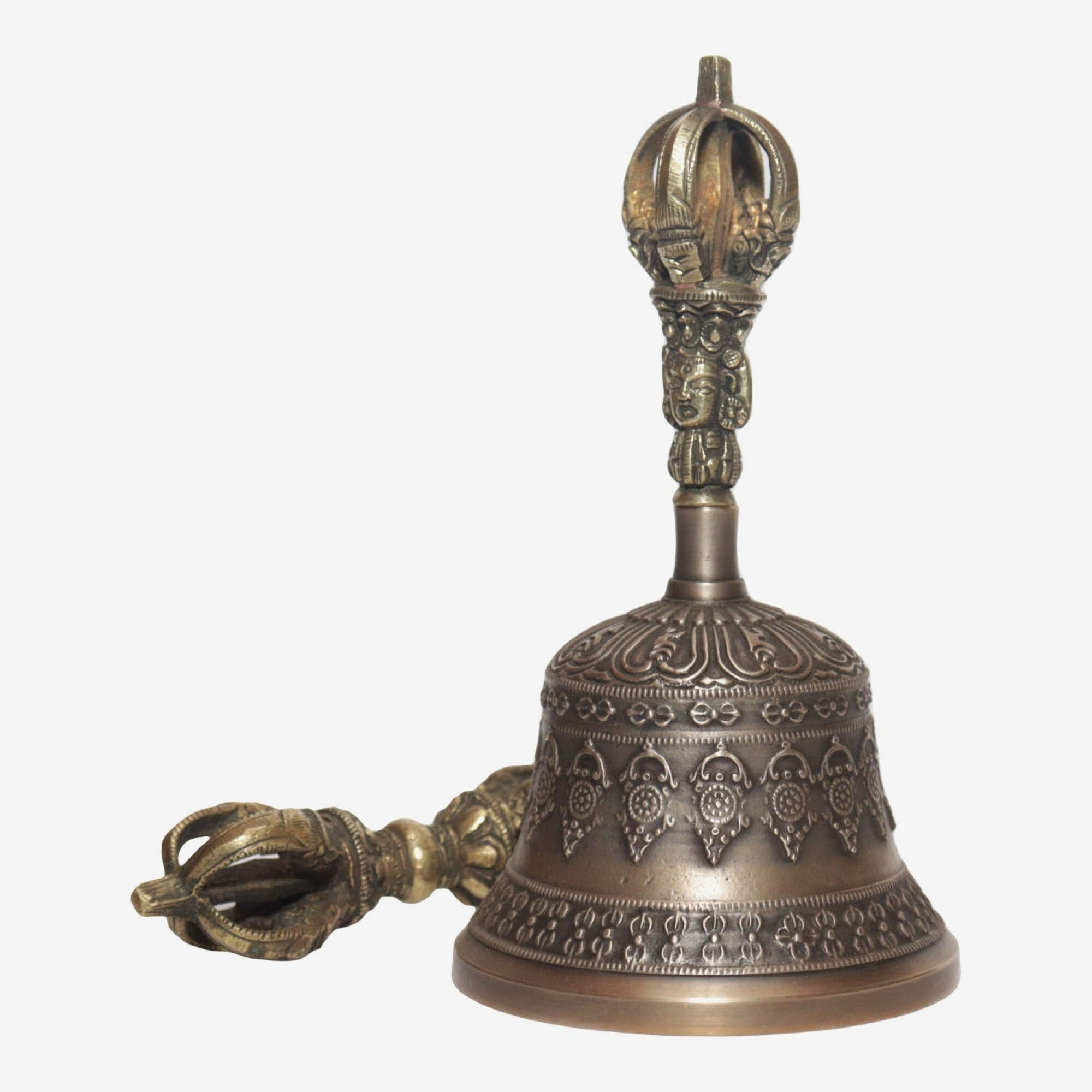 Seven Chakra Handicraft -Shining White Mantra Designed Tibetean Bronze Bell With Bajra Set 17 Cm 350 G