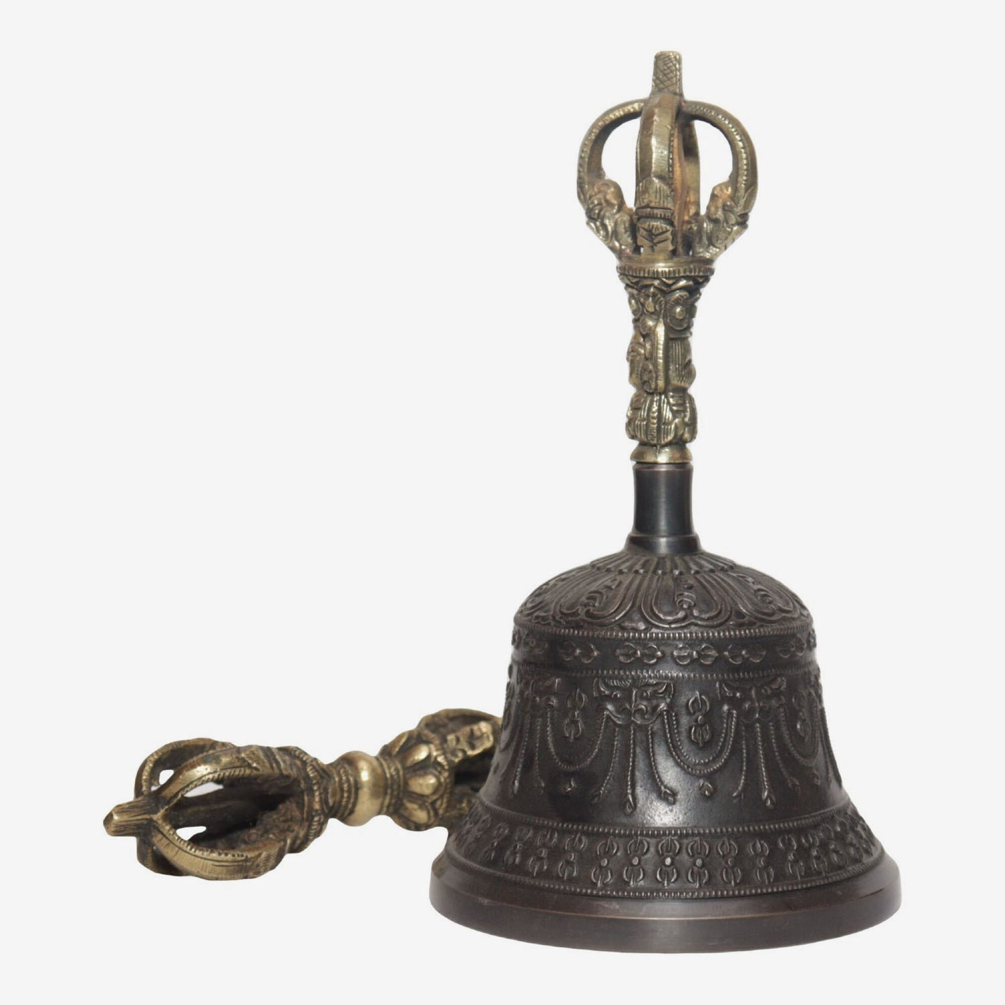 Seven Chakra Handicraft - Black Chepu Designed Tibetean Bronze Bell With Bajra Set 17 cm 350 g