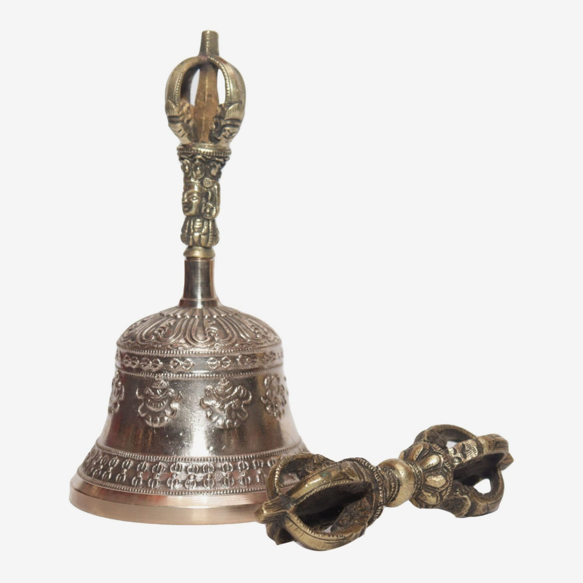 Seven Chakra Handicraft - Shining White Astamandala Designed Tibetean Bronze Bell With Bajra Set 17 cm 350 g