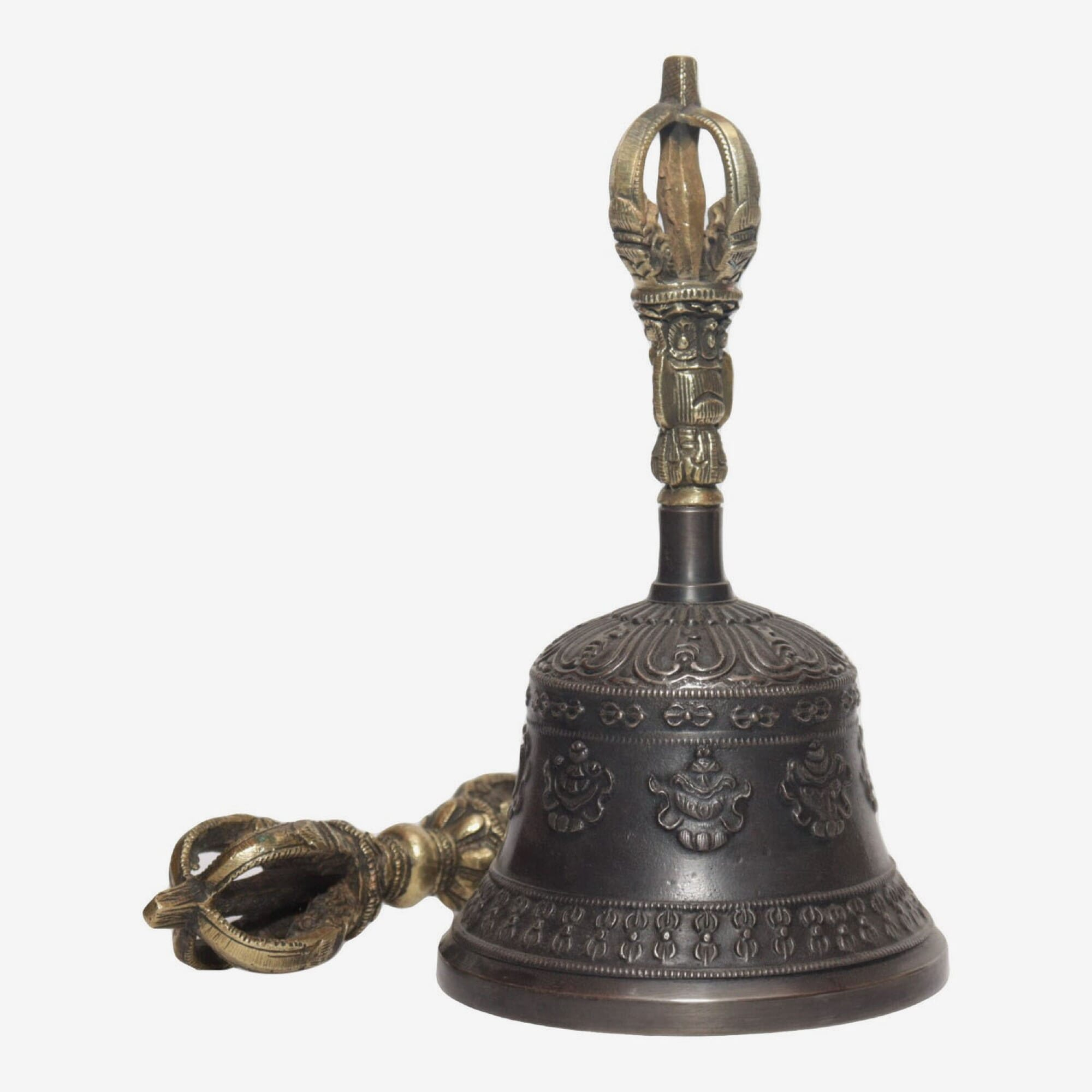 Seven Chakra Handicraft - Black Astamandala Designed Tibetean Bronze Bell With Bajra Set 17 cm 350 g