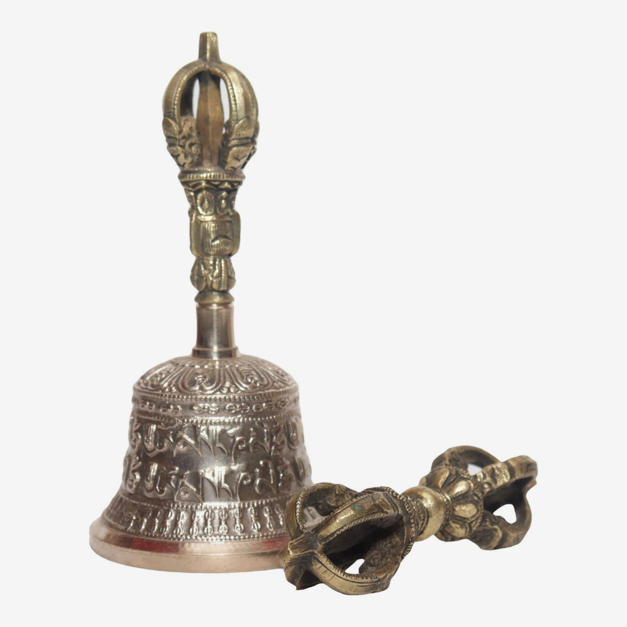Seven Chakra Handicraft - Shining White Mantra Designed Tibetean Bronze Bell With Bajra Set 15 cm