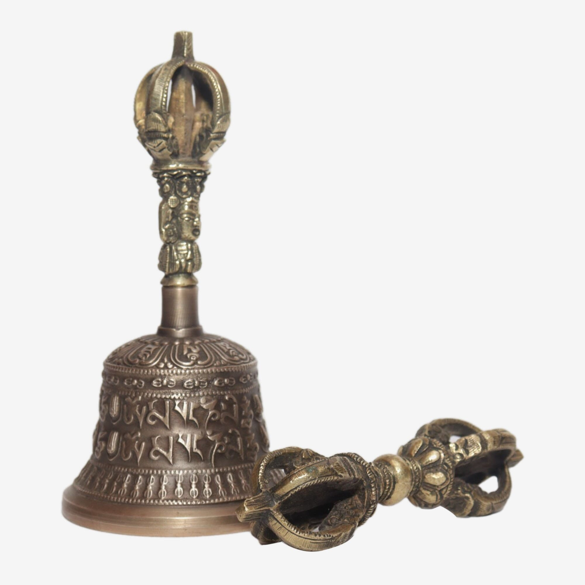 Seven Chakra Handicraft - Grey Mantra Designed Tibetean Bronze Bell With Bajra Set 15 cm 300 g