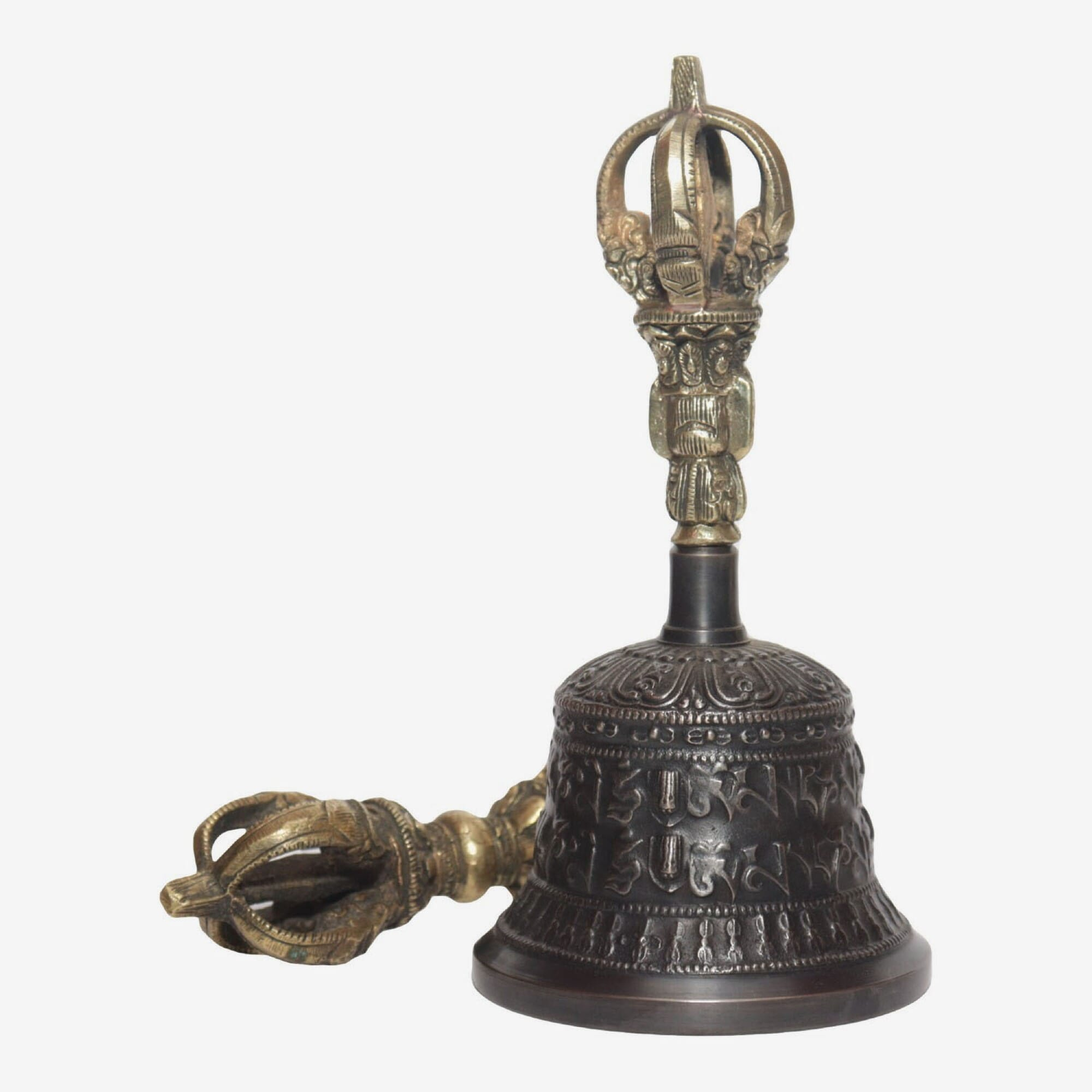 Seven Chakra Handicraft - Black Mantra Designed Tibetean Bronze Bell With Bajra Set 15 cm 300 g