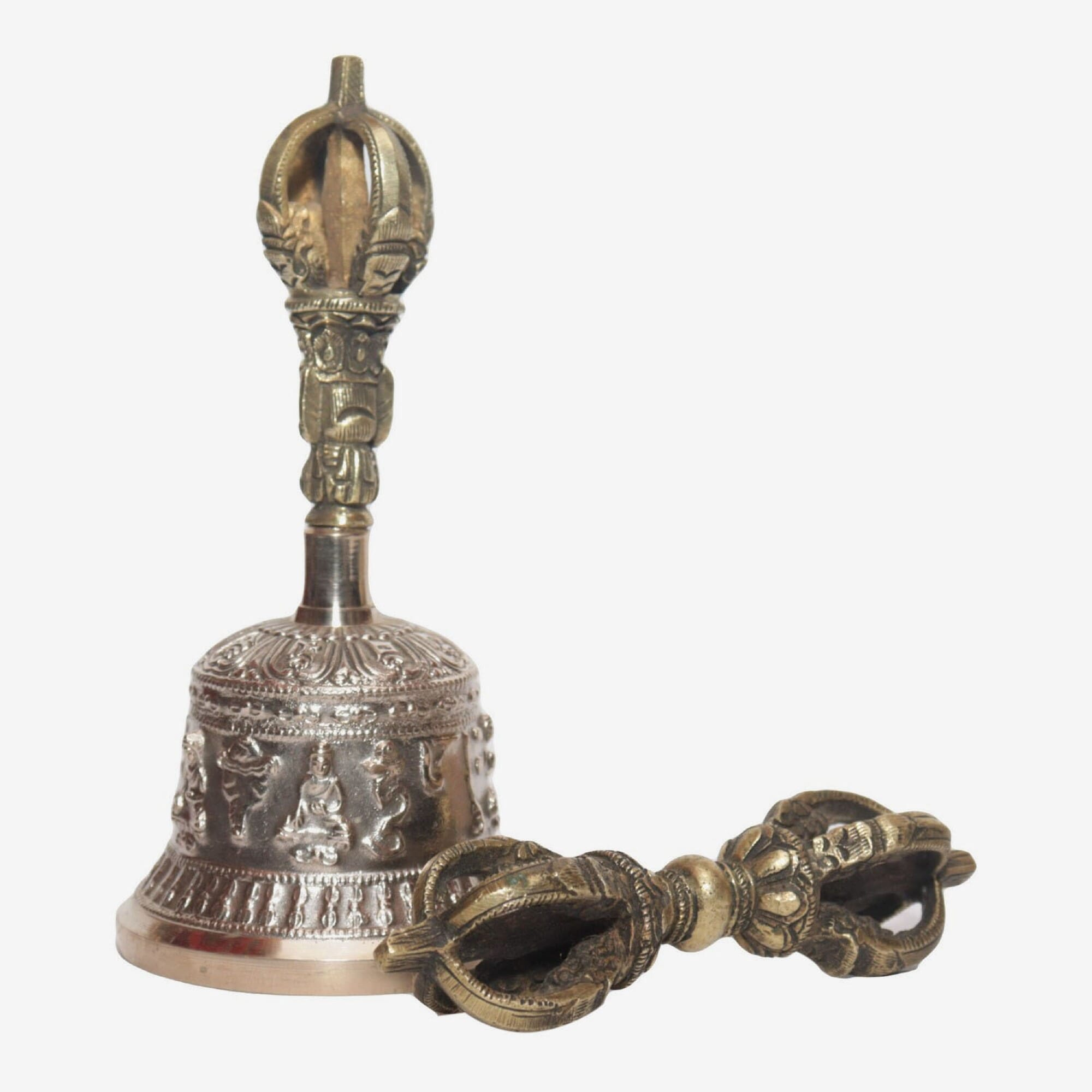 Seven Chakra Handicraft -Black Panchabuddha Designed Tibetean Bronze Bell With Bajra Set 15 cm 300 g
