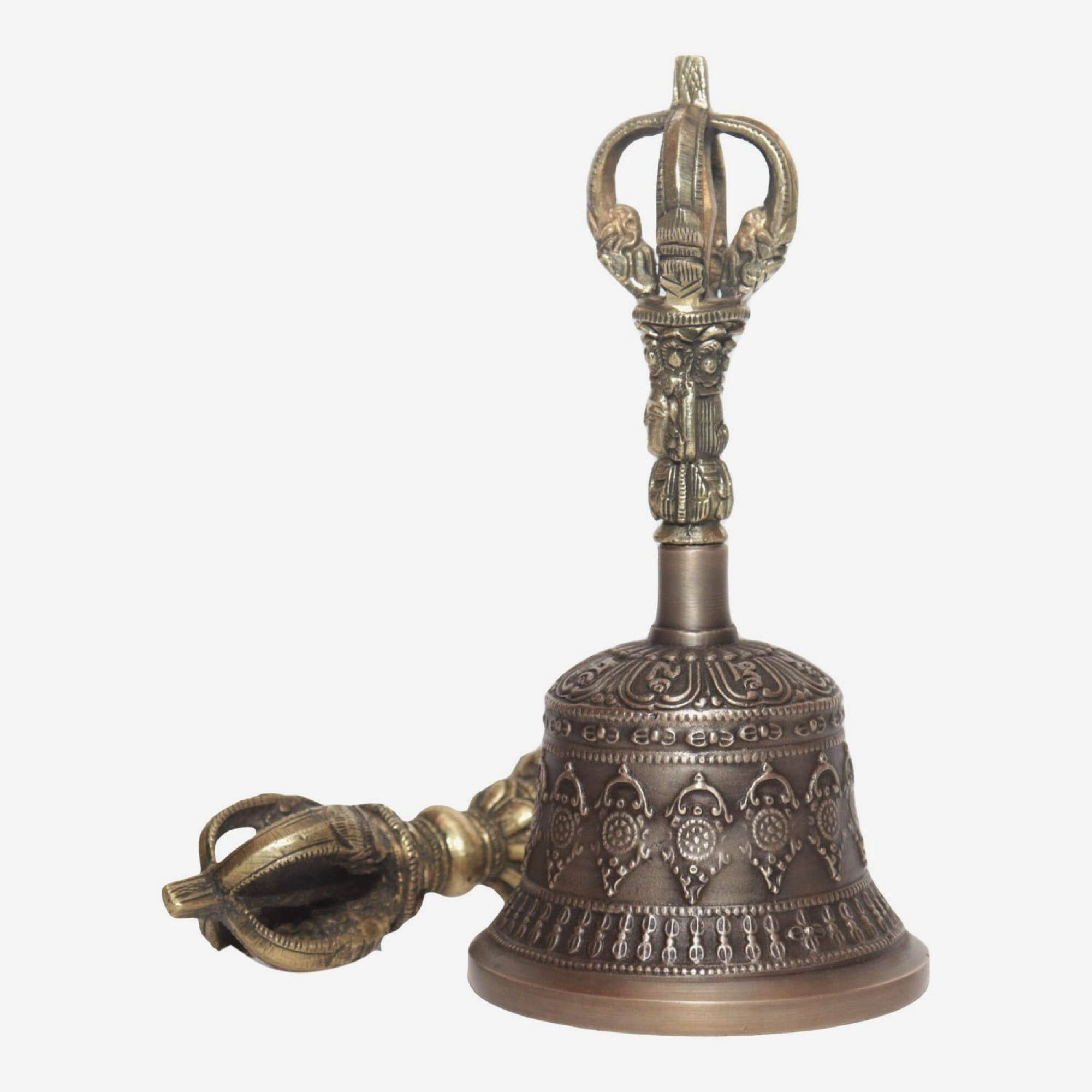 Seven Chakra Handicraft - Grey Dharmachakra Designed Tibetean Bronze Bell With Bajra Set 15 cm 300 g