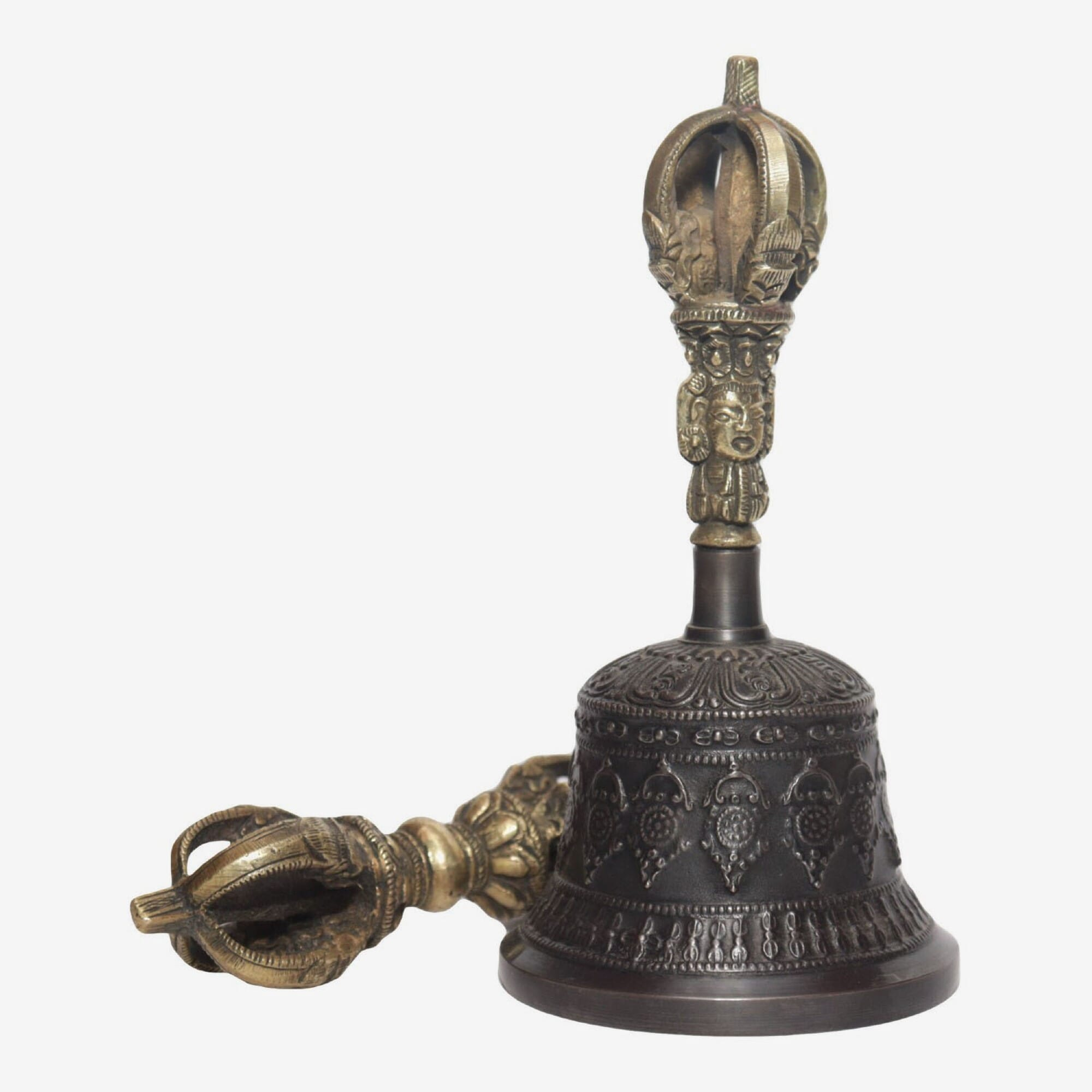 Seven Chakra Handicraft -Black Dharmachakra Designed Tibetean Bronze Bell With Bajra Set 15 cm 300 g