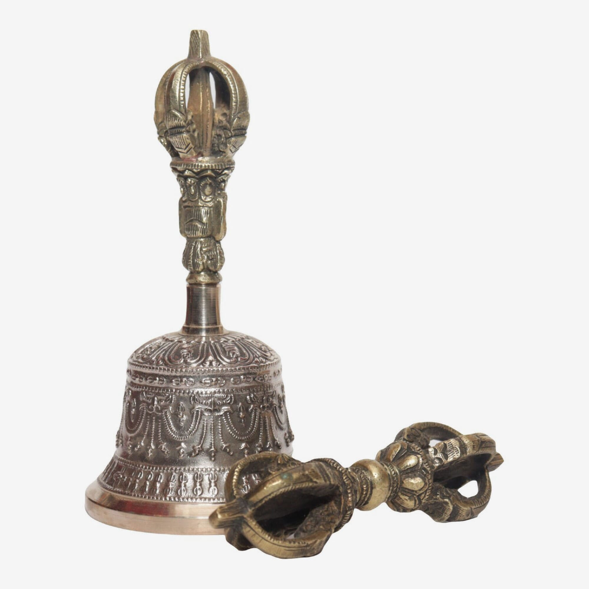 Seven Chakra Handicraft -Shining White Chepu Designed Tibetean Bronze Bell With Bajra Set 15 cm 300 g