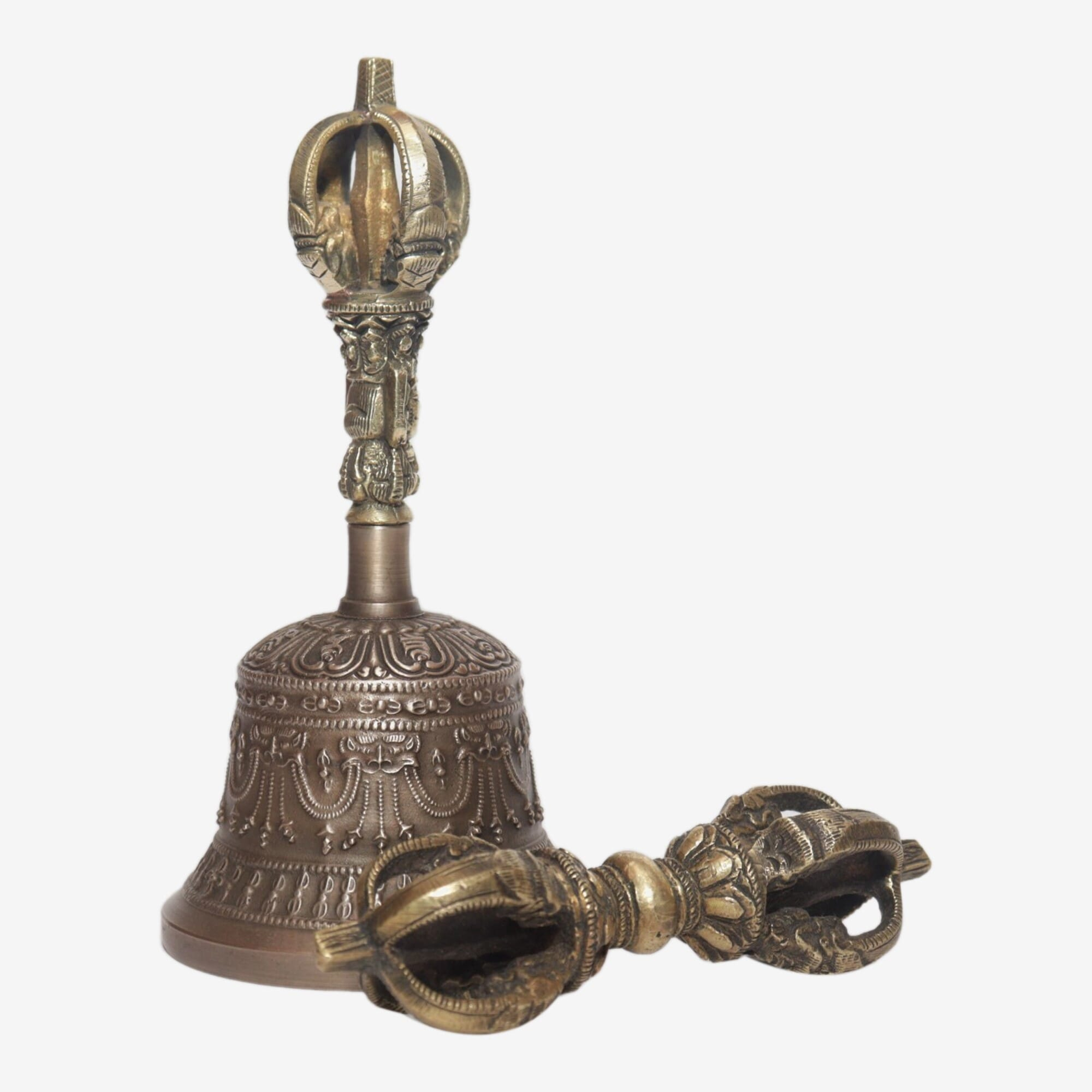 Seven Chakra Handicraft -Grey Chepu Designed Tibetean Bronze Bell With Bajra Set 15 cm 300 g