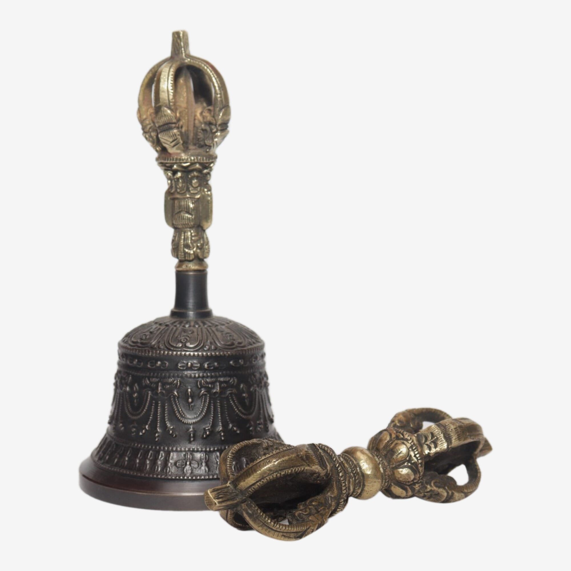 Seven Chakra Handicraft -Black Chepu Designed Tibetean Bronze Bell With Bajra Set 15 cm 300 g