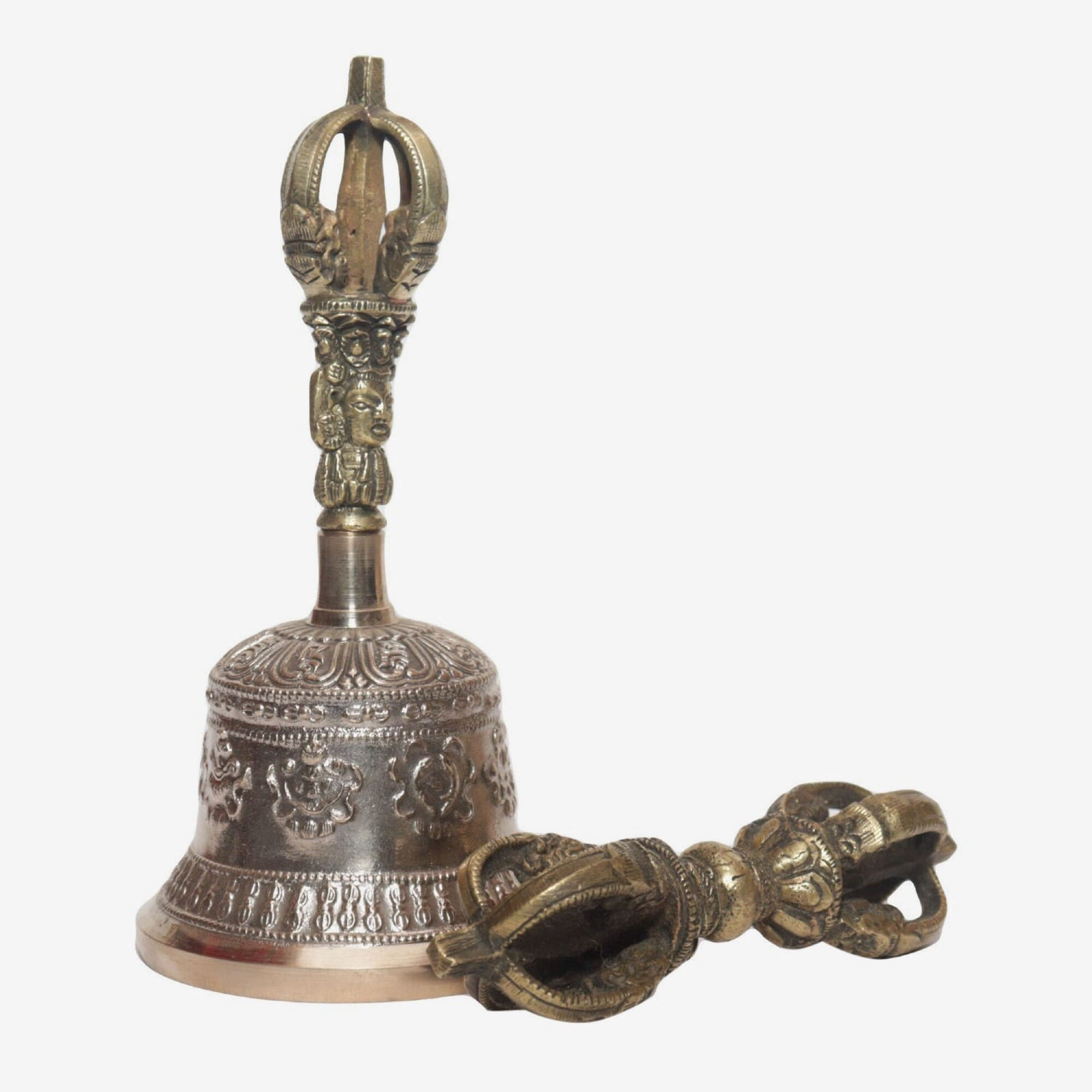 Seven Chakra Handicraft -  Shining White Astamandala Designed Tibetean Bronze Bell With Bajra Set 15 cm 300 g