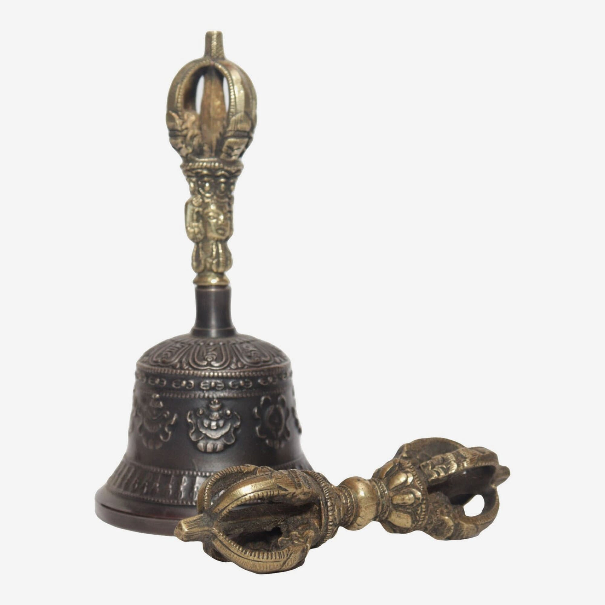 Seven Chakra Handicraft -Black Astamandala Designed Tibetean Bronze Bell With Bajra Set 15 cm 300 g