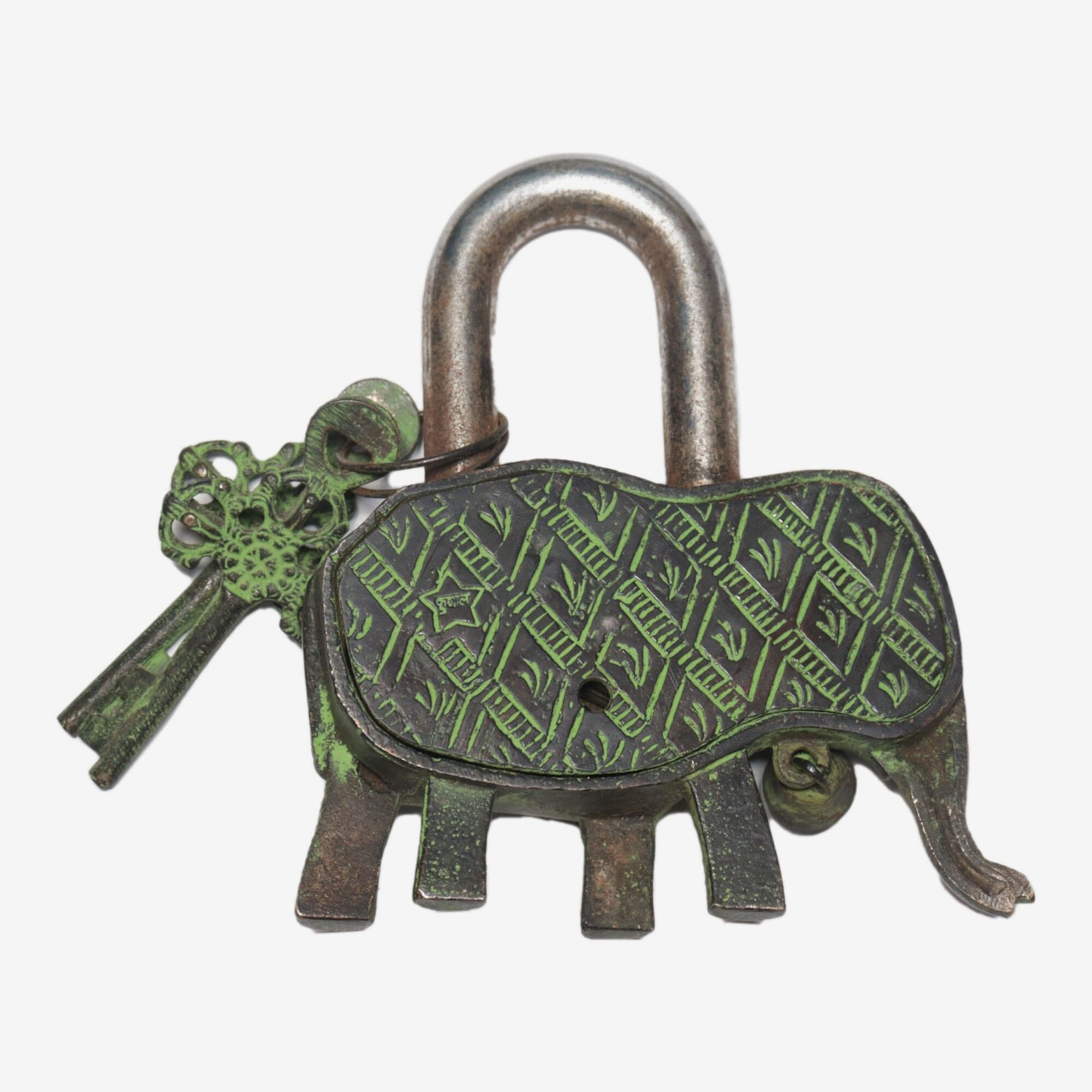 Seven Chakra Handicraft  - Green Elephant Lock With Two Keys 14 cm 710 g