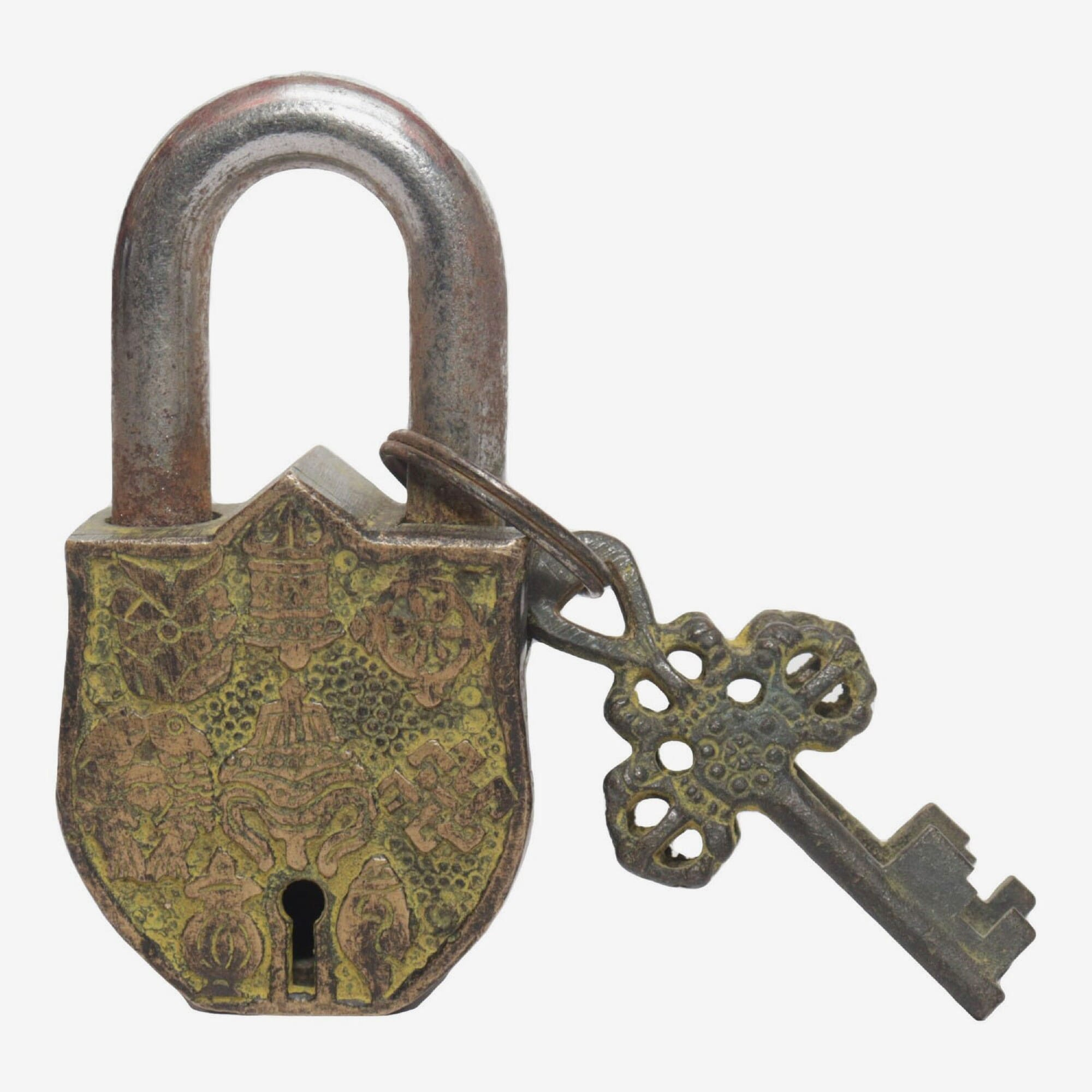 Seven Chakra Handicraft  - Small Sized Asthamandala Featured Lock With Two Keys 9 cm 220 g