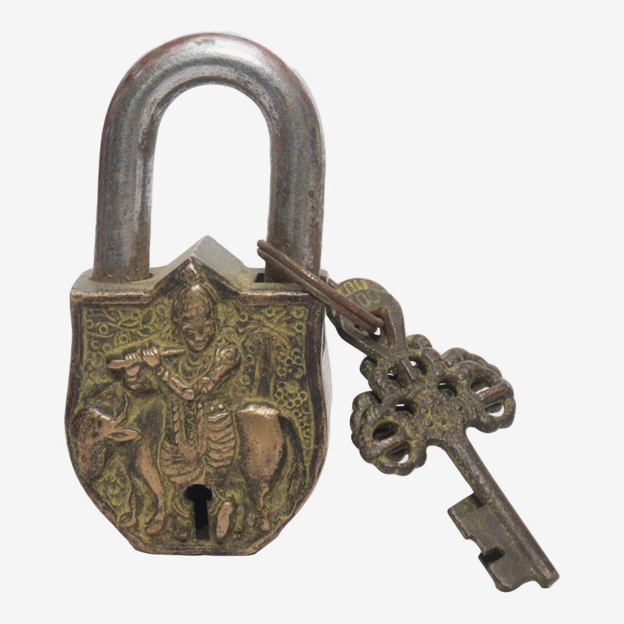 Seven Chakra Handicraft - Small Sized Lord Krishna Featured Lock With Two Keys 9 cm 220 g
