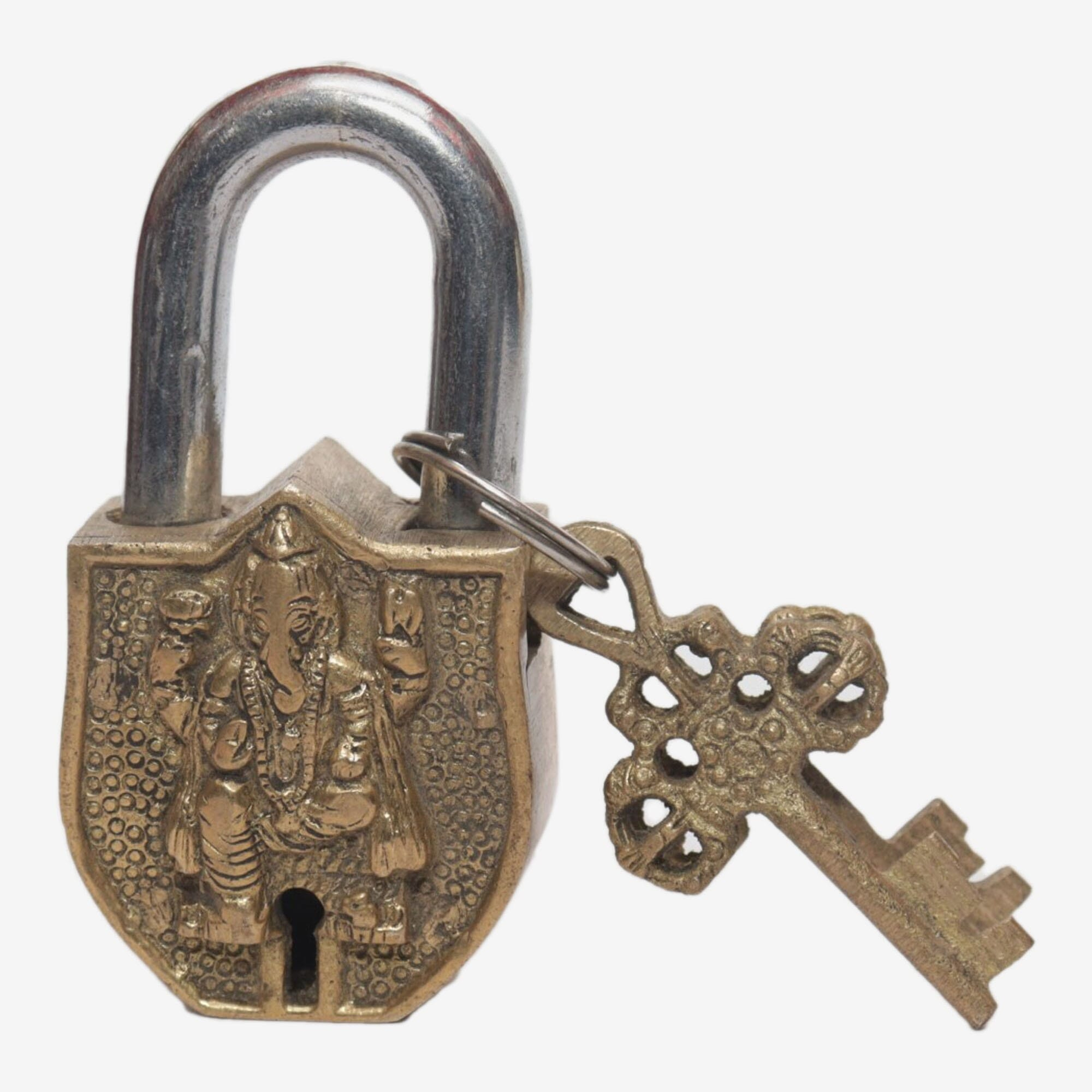 Seven Chakra Handicraft -Small Sized Lord Ganesh Featured Lock With Two Keys 9 Cm 220 G