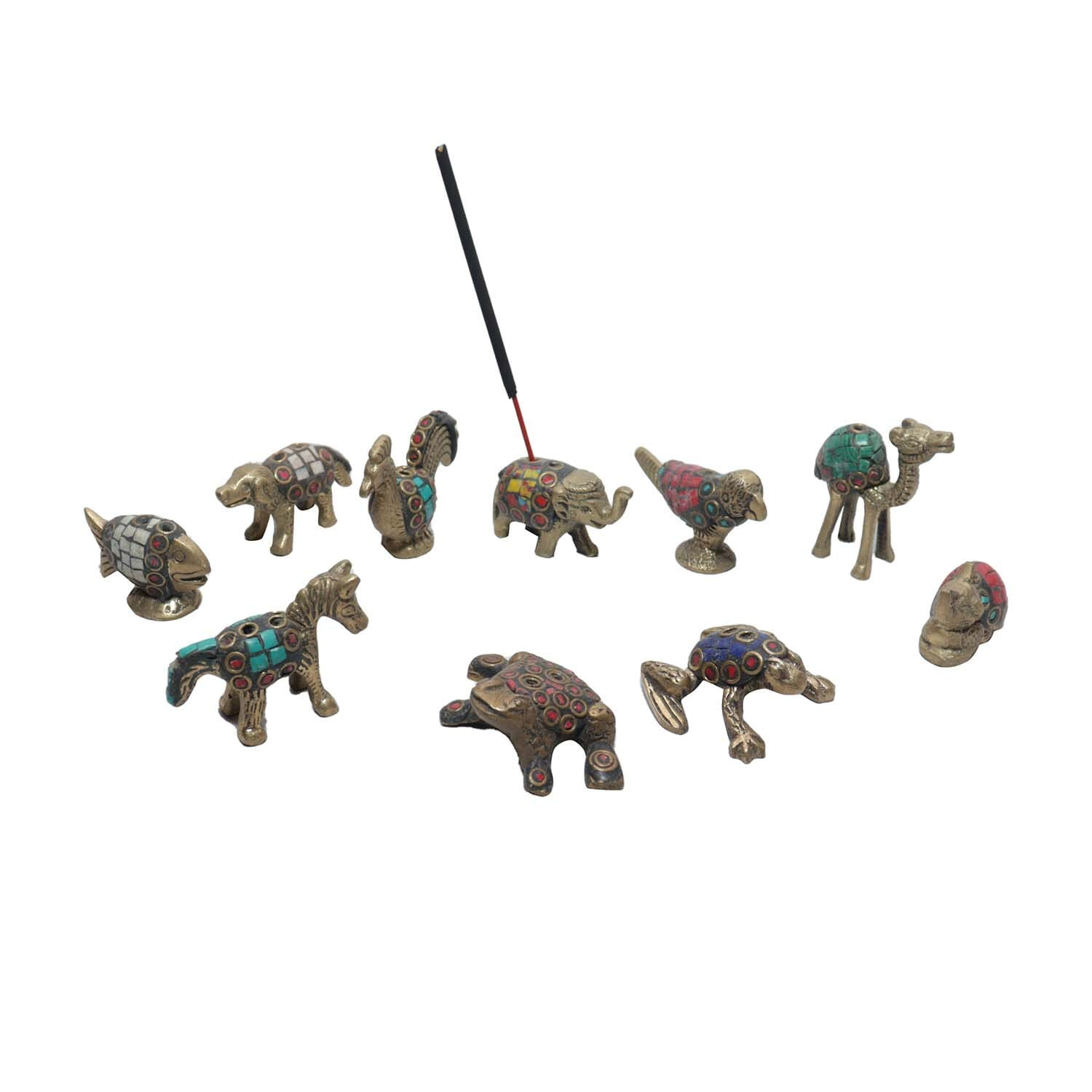 Seven Chakra Handicraft- 4cm size Set of 10pcs Mix Animal Designs small Incense Holders (Torquise Stones Carved)