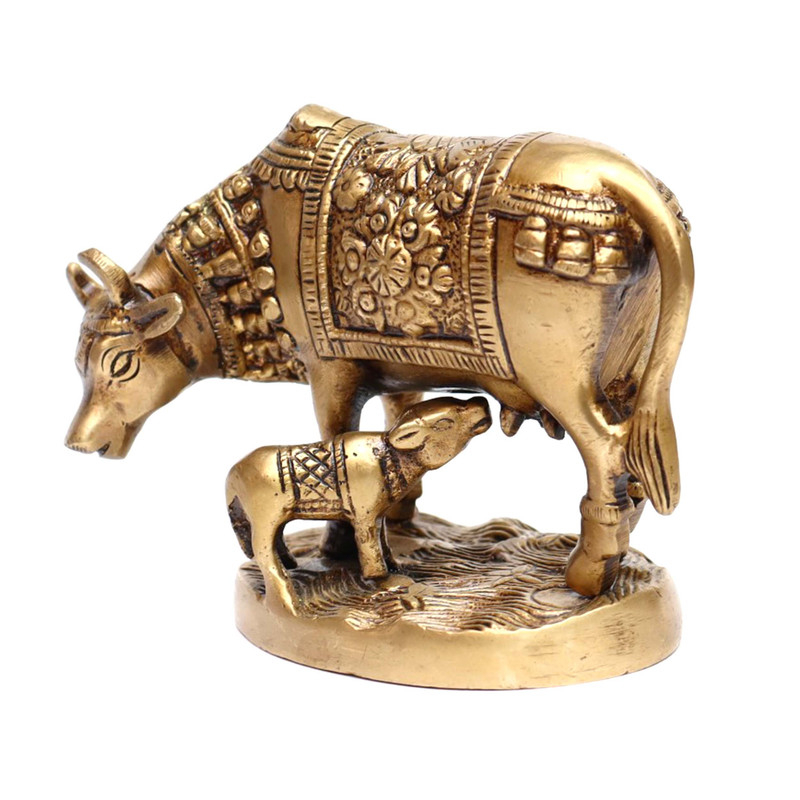Seven Chakra Handicraft - Golden Kamdhenu Cow & Calf Statue Decorative Statue