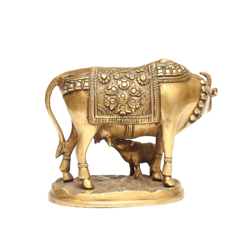 Seven Chakra Handicraft - 5" Golden Kamdhenu Cow / Calf Statue