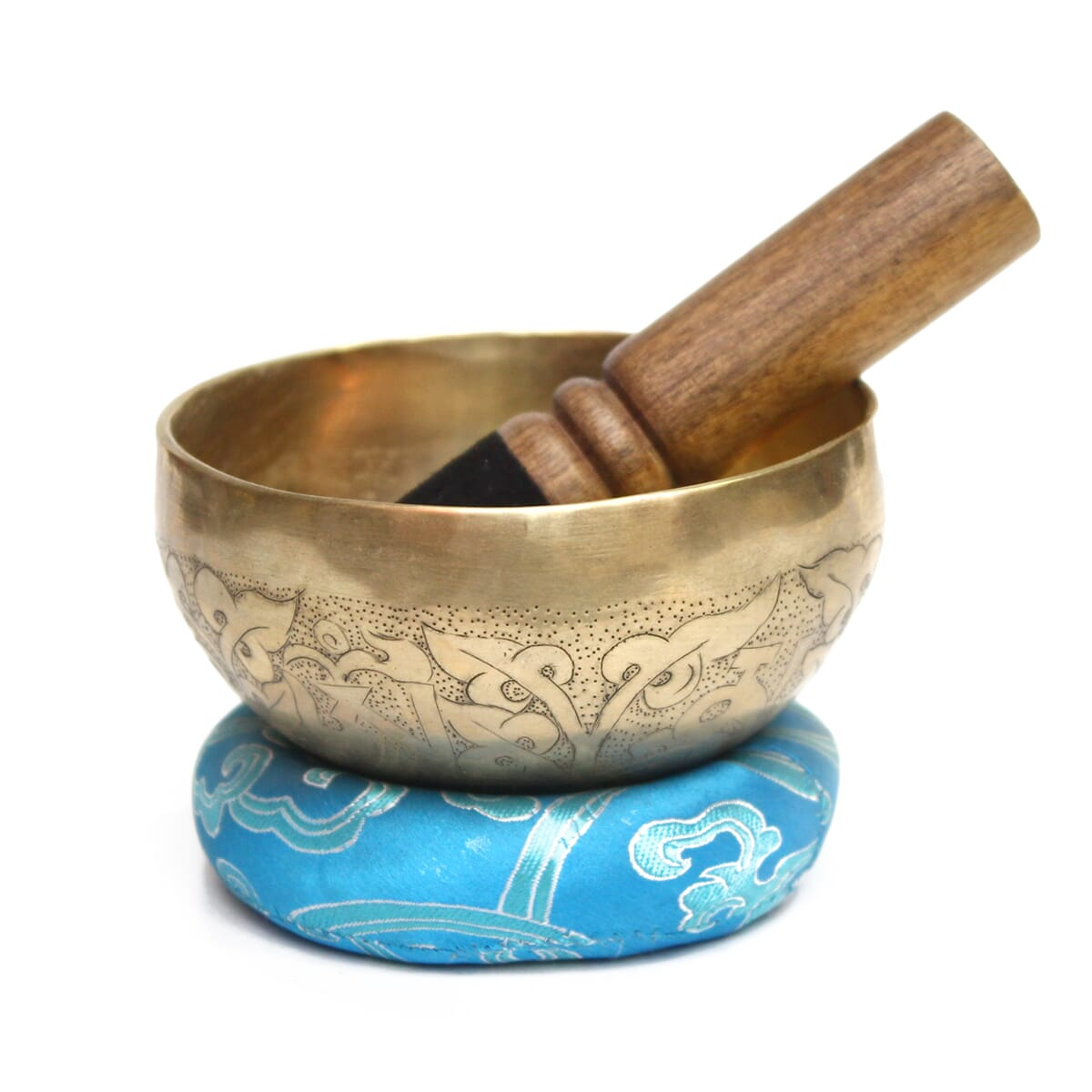 Seven Chakra Handicraft - Golden Handmade Singing Bowl (Hand Carved Om Mane Design) Shiny -4"