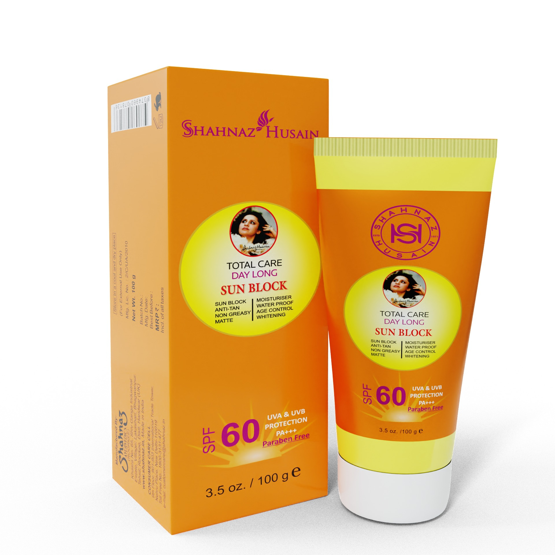 Shahnaz Husain Total Care Day Long Sun Block UVA & UVB Protection PA+++ SPF 60 (100 gm)