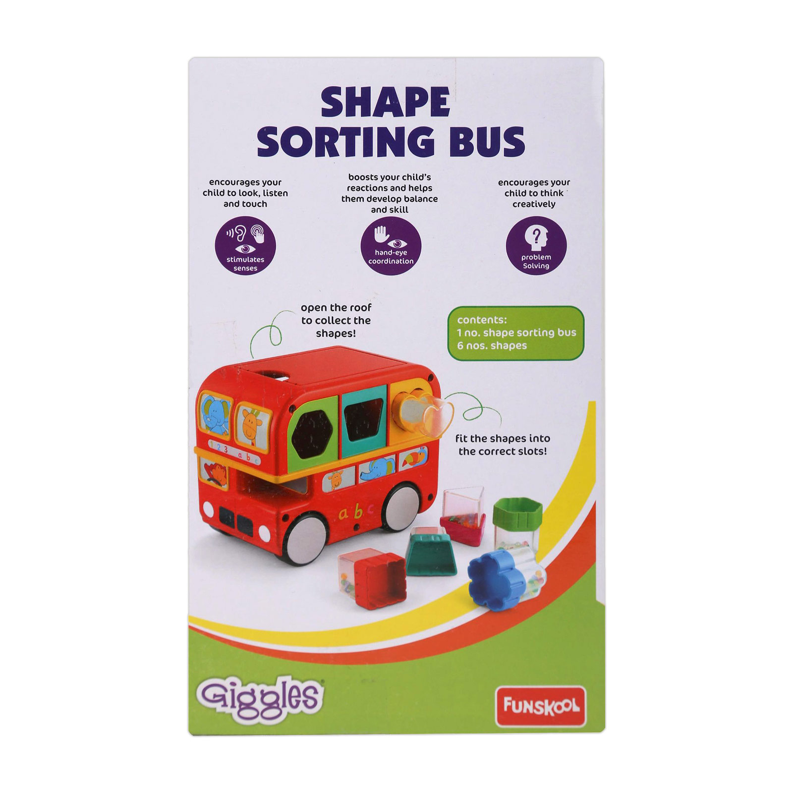 Funskool Shape Sorting Bus-DOM , Educational Push Along Toy with Blocks , Features Shapes, Free Wheeling, Colours , 1 Year & Above , Infant and Preschool Toys