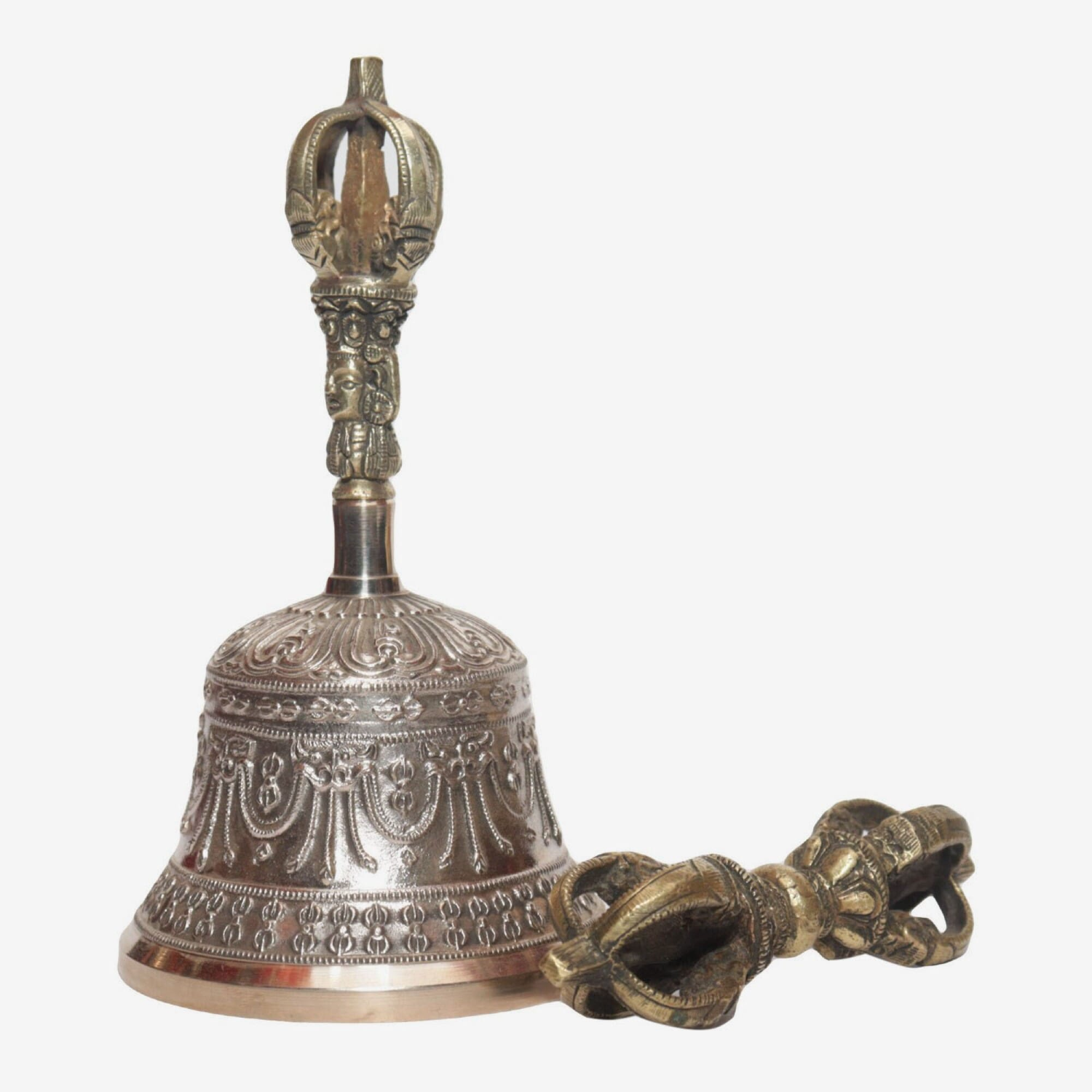 Seven Chakra Handicraft - Shining White Chepu Designed Tibetean Bronze Bell With Bajra Set 17 Cm 350 G