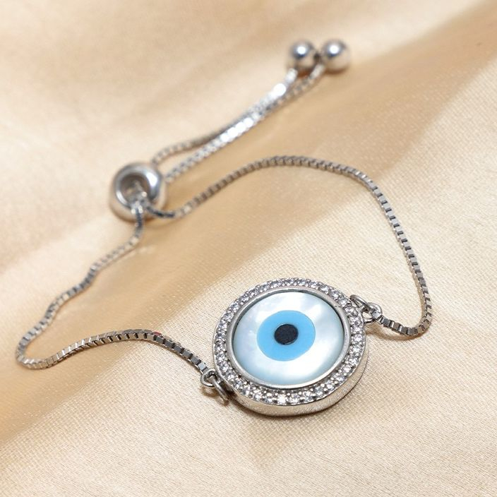 White Feathers Plain Silver Evil Eye Bracelet For Women