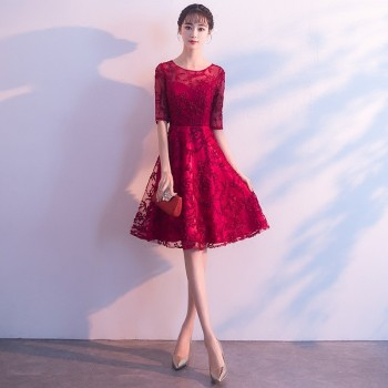Elegant Hollow Lace Half Sleeve Design Elegant Short Stand Party Dress M 41000240	