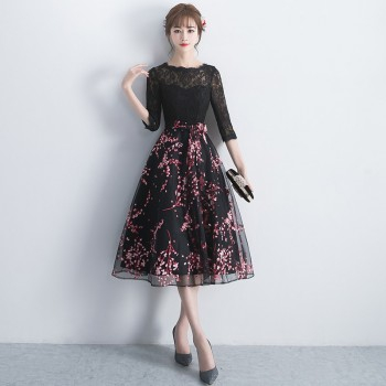 Floral Print A-Line Midi Elbow-Sleeve Cocktail Dress 41000241