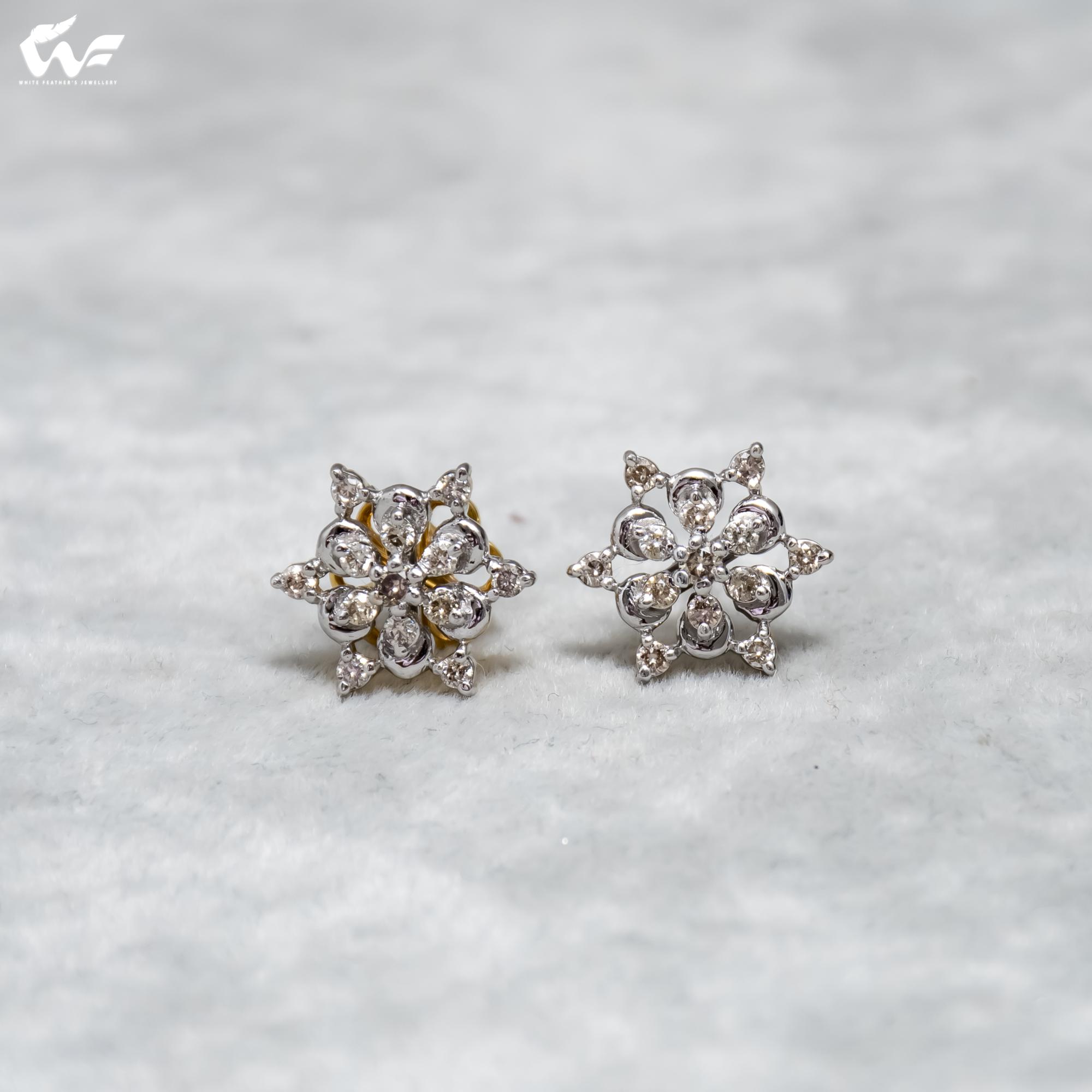 White Feathers Snow Flakes Diamond Ear Studs for Women