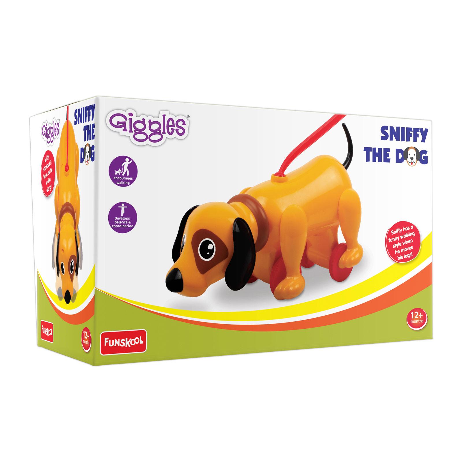 Funskool Sniffy The Dog ,Pull Along Toy , Head bobs,Tail Wags,Encourages Walking , 12 Months & Above , Infant and Preschool Toys Multicolor