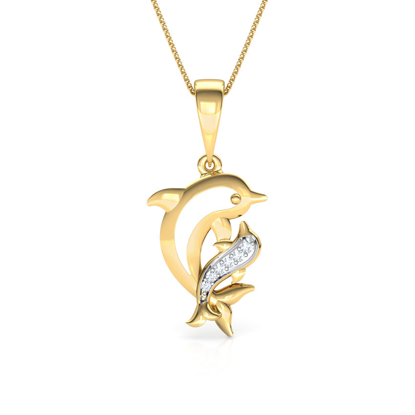 White Feathers Dolphin Mother and Daughter Diamond Pendent for women