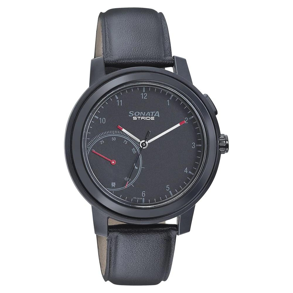 Sonata Hybrid Smartwatch With Black Dial & Black Leather Strap 7132PL04