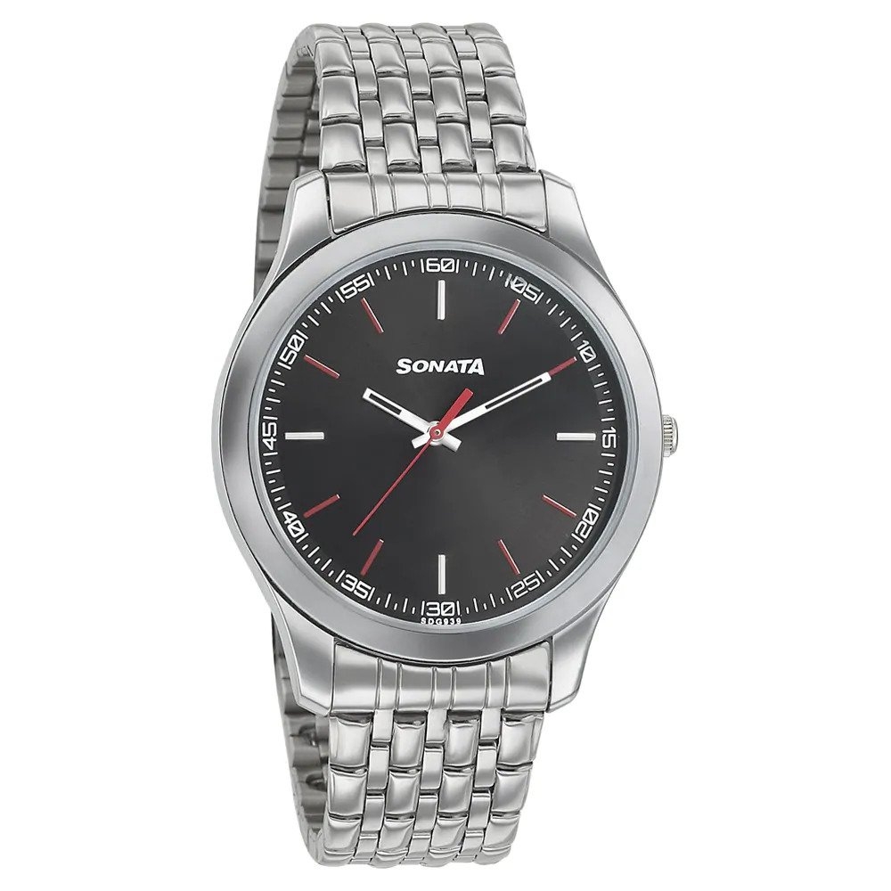Sonata Nxt Black Dial Stainless Steel Strap 77063SM04