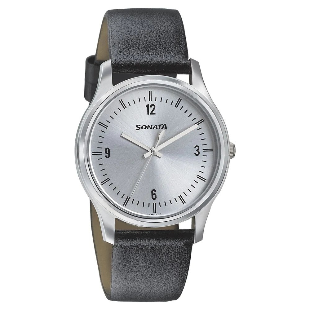 Sonata Essentials Silver Dial Leather Strap77082SL01