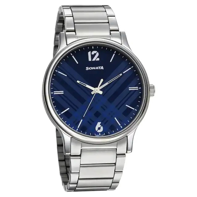 Sonata Smart Plaid In Blue Dial Stainless Steel Strap Watch 77105SM05