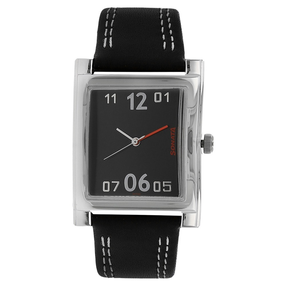 Sonata Black Dial Leather Strap Watch for Men 7925SL05