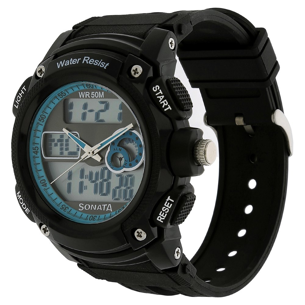 Sonata Grey Dial Black Plastic Strap Watch 7989PP01