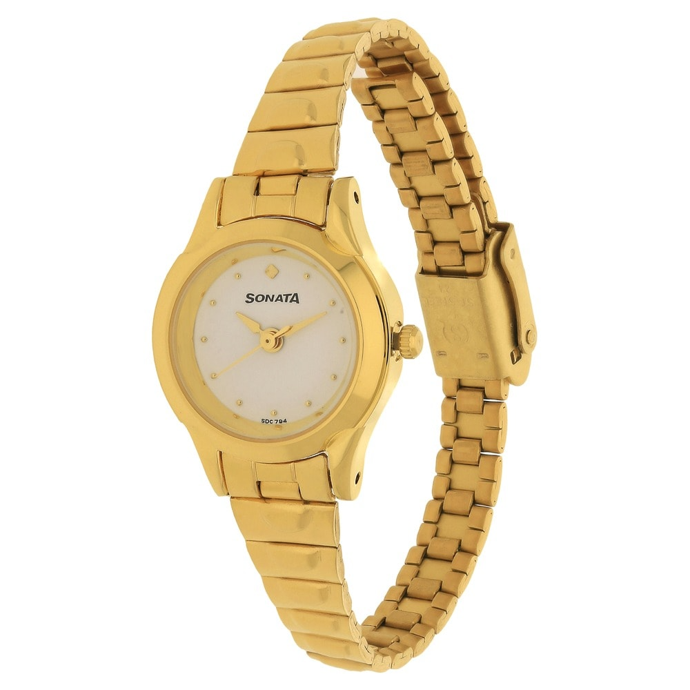 Sonata White Dial Golden Stainless Steel Strap Watch 8098YM01