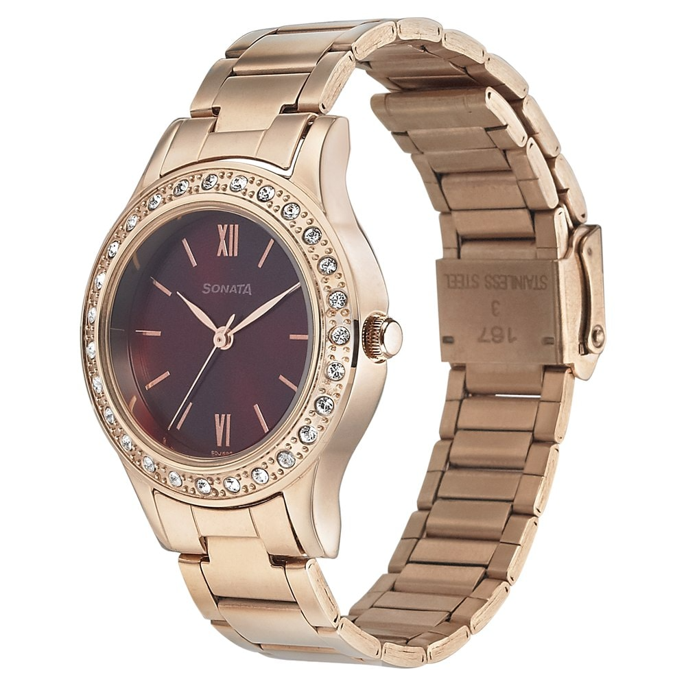 Sonata 8123WM02 - Blush It Up With Maroon Dial Stainless Steel Strap Watch For Women