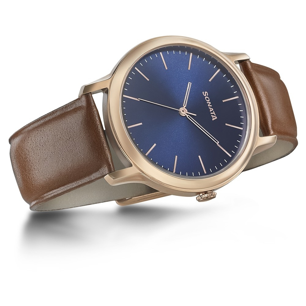 Sonata Beyond Gold Blue Dial Leather Strap Watch-7128wl03