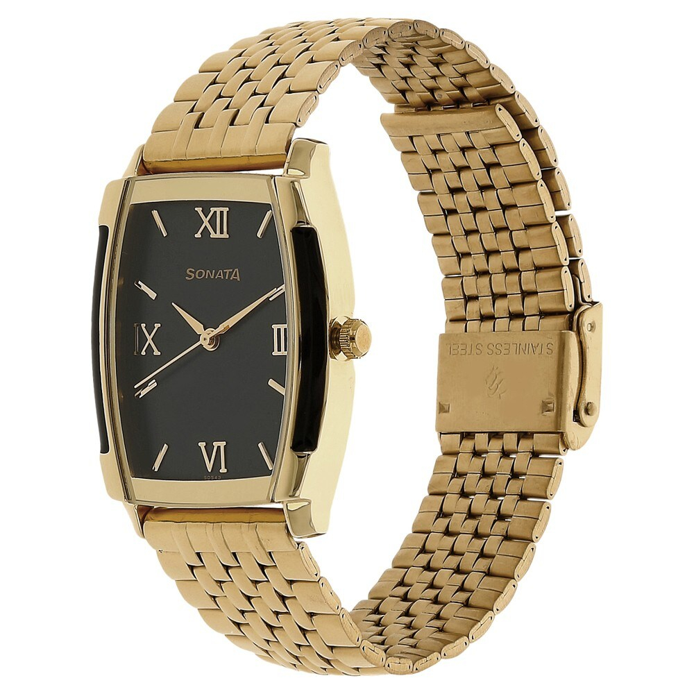 Sonata Black Dial Golden Stainless Steel Strap Watch-7080ym03