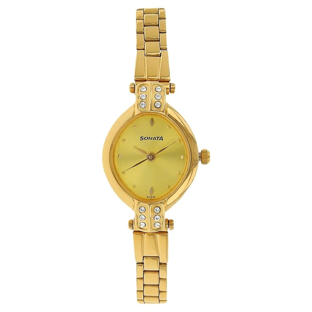 Sonata Champagne Dial Golden Stainless Steel Strap Watch 8064YM01