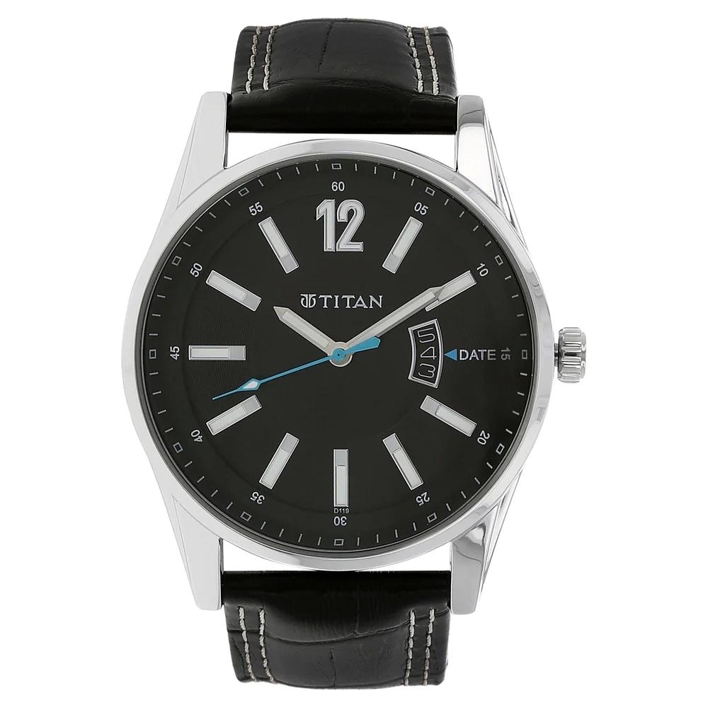 Titan Black Dial Black Leather Strap Watch For Men Nk9322SL04